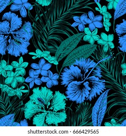 Aloha Hawaiian Shirt Seamless Background Pattern. Tropical flowers and leaf, Palm, gibiscus, plumeria.