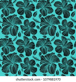 Aloha Hawaiian Shirt vector Hibiscus Pattern On blue Background in black color.