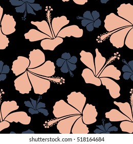 Aloha Hawaiian Shirt vector Hibiscus Pattern On black Background in blue and beige Colors.