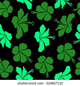 Aloha Hawaiian Shirt vector Hibiscus Pattern On black Background in green Colors.