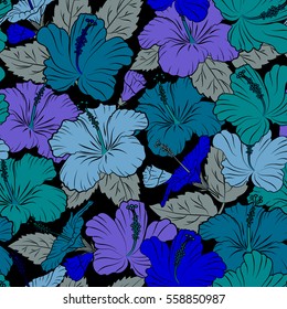 Aloha Hawaiian Shirt vector Hibiscus Pattern On black Background in blue and violet Colors.