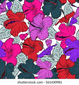 Aloha Hawaiian Shirt vector Hibiscus Pattern On white Background in violet and red Colors.