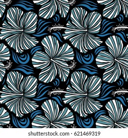 Aloha Hawaiian Shirt vector Hibiscus Pattern On black Background in blue Colors.