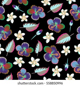 Aloha Hawaiian Shirt vector Multicolor Hibiscus Pattern on black background.