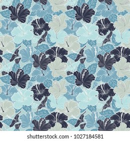 Aloha Hawaiian Shirt vector seamless Hibiscus Pattern In gray and blue Colors.