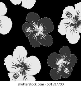 Aloha Hawaiian Shirt vector seamless Hibiscus Pattern On black Background in gray and neutral Colors.