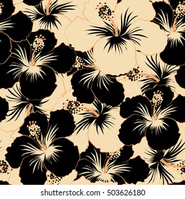 Aloha hawaiian shirt vector seamless pattern. Beige and black Hibiscus seamless background.