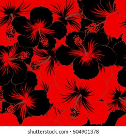 Aloha hawaiian shirt vector seamless pattern. Black and red Hibiscus seamless background.