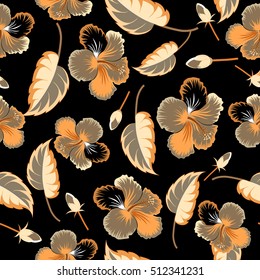 Aloha hawaiian shirt vector seamless pattern. Hibiscus in brown colors on a black background.