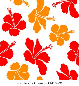 Aloha hawaiian shirt vector seamless pattern. Hibiscus in orange and red colors on a white background.