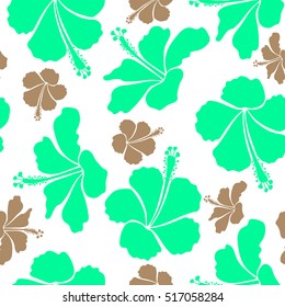 Aloha hawaiian shirt vector seamless pattern. Hibiscus in green and beige colors on a white background.