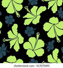 Aloha Hawaiian Shirt vector seamless Hibiscus Pattern On black Background in green and blue Colors.