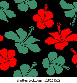 Aloha hawaiian shirt vector seamless pattern. Hibiscus in green and red colors on a black background.