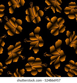 Aloha Hawaiian Shirt vector seamless Hibiscus Pattern On black Background in orange and black Colors.