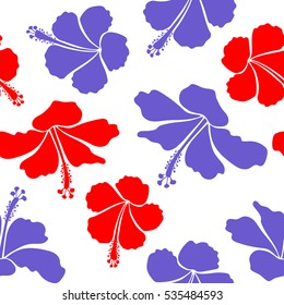 Aloha hawaiian shirt vector seamless pattern. Hibiscus in red and violet colors on a white background.