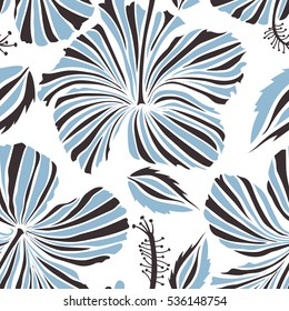 Aloha Hawaiian Shirt vector seamless Hibiscus Pattern On white Background in white and blue Colors.