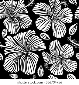 Aloha Hawaiian Shirt vector seamless Hibiscus Pattern On black Background in white Colors.