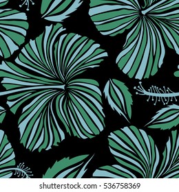 Aloha Hawaiian Shirt vector seamless Hibiscus Pattern On black Background in green and blue Colors.