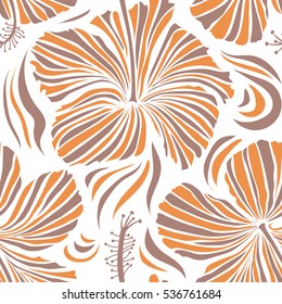 Aloha hawaiian shirt vector seamless pattern. Hibiscus in neutral and orange colors on a white background.