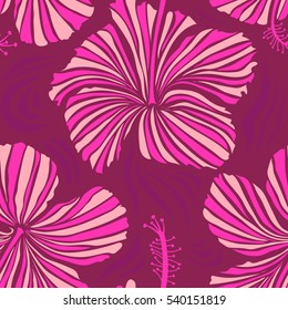Aloha Hawaiian Shirt vector seamless Hibiscus Pattern In magenta, purple and neutral Colors.