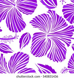 Aloha Hawaiian Shirt vector seamless Hibiscus Pattern On white Background in violet and white Colors.