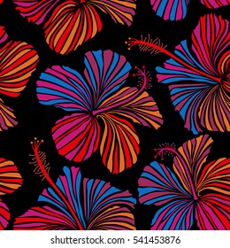 Aloha Hawaiian Shirt vector seamless Hibiscus Pattern On black Background in purple, orange and red Colors.