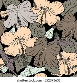 Aloha Hawaiian Shirt vector seamless Hibiscus Pattern On black Background in beige Colors.