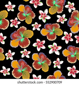 Aloha Hawaiian Shirt vector seamless Hibiscus Pattern On black Background in green, pink and beige Colors.