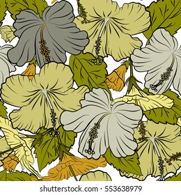 Aloha hawaiian shirt vector seamless pattern. Hibiscus in green and yellow colors on a white background.