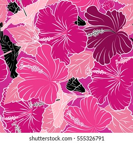 Aloha Hawaiian Shirt vector seamless Hibiscus Pattern In magenta, purple and pink Colors.