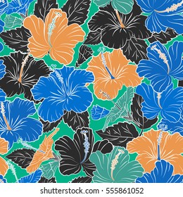Aloha Hawaiian Shirt vector seamless Hibiscus Pattern In orange, blue and gray Colors.