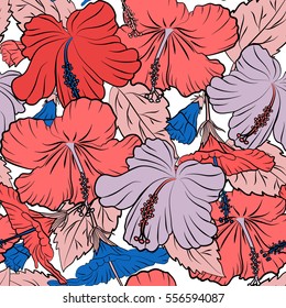 Aloha Hawaiian Shirt vector seamless Hibiscus Pattern On white Background in pink and blue Colors.