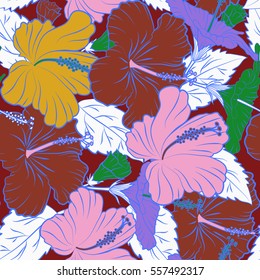 Aloha Hawaiian Shirt vector seamless Hibiscus Pattern In violet, red and yellow Colors.