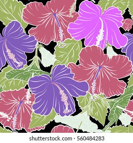 Aloha Hawaiian Shirt vector seamless Hibiscus Pattern On black Background in green, pink and violet Colors.