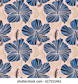 Aloha hawaiian shirt vector seamless pattern. Beige, black and blue Hibiscus seamless background.