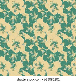 Aloha Hawaiian Shirt vector seamless Hibiscus Pattern In green, gray and beige Colors.