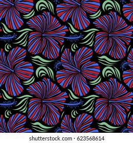 Aloha Hawaiian Shirt vector seamless Hibiscus Pattern On black Background in neutral, blue and red Colors.