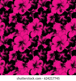 Aloha Hawaiian Shirt vector seamless Hibiscus Pattern In black and magenta Colors.