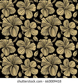 Aloha hawaiian shirt vector seamless pattern. Hibiscus in beige colors on a black background.
