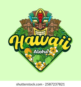 Aloha Hawaiian Tiki Mask Mascot Cartoon Character Illustration for sticker, badge, patch, banner, greeting card, invitation