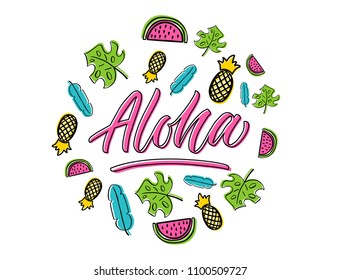 Aloha - Hello on Hawaiian inscription. Vector hand lettered phrase.