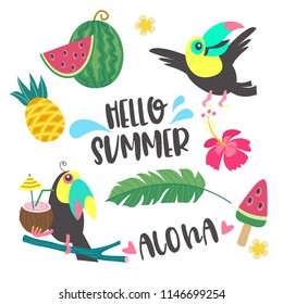 Aloha. Hello summer. A set of cute toucans. Toucan with coconut cocktail, with watermelon. Vector illustration isolated on white background.