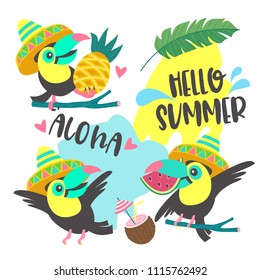 Aloha. Hello summer.One Toucan in a Mexican hat holds a pineapple. The second Toucan in a hat flies. The third holds a piece of watermelon in its beak. Tropical leaves, flowers and fruit and coconut c