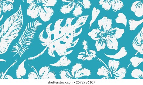 Aloha hibiscus brush stroke style flower Hawaiian tropical seamless pattern. Template vector nature floral abstract background. Seamless pattern flower Aloha hibiscus brush stroke