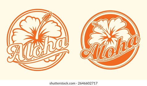Aloha hibiscus emblema set. emblema circular retro com flor tropical e guitarra headstock script. Logotipo de vetor laranja para marca de surf, adesivo, design em T