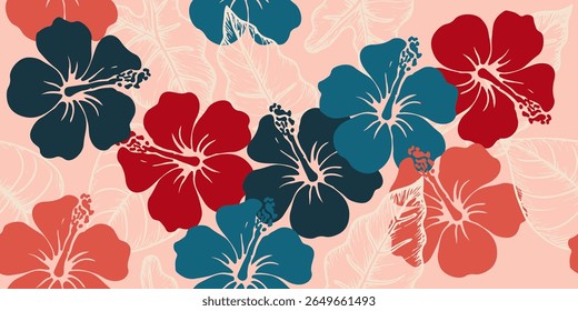 Aloha hibiscus flower Hawaiian tropical seamless pattern. nature floral abstract back ground. for fabric, textiles, clothing, wrapping paper, cover, banner, home decor, abstract backgrounds.