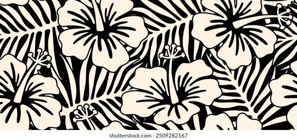 Aloha hibiscus flor e folha de palma havaiano tropical sem costura padrão. natureza floral abstrato fundo.
