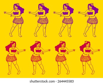 Aloha! Hula girls lined-up dancing hawaiian hula dance, exotic islands women vector illustration