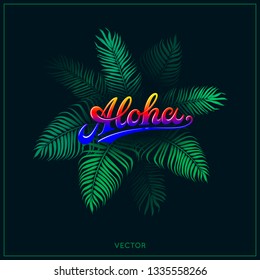 Aloha illustration with tropical leaves and vintage typography. Exotic tree foliage. Green palm tree vector leaf and text on black background. Jungle theme design template for banner or poster. EPS 10