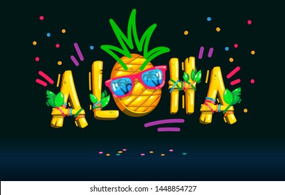 Aloha inscription pineapple face sunglasses color illustration on the dark  background